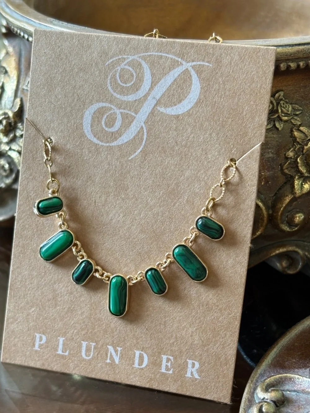 Goldtone Necklace with Green Mini Pendants by Plunder Design Private Label